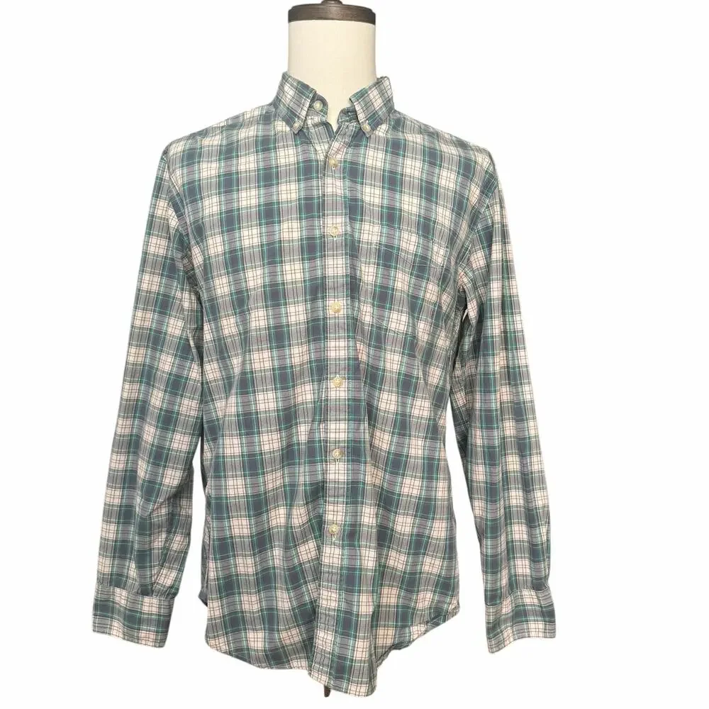 J. Crew Men's 100% Cotton Blue Plaid Button Down Shirt Sz L Preppy Classic